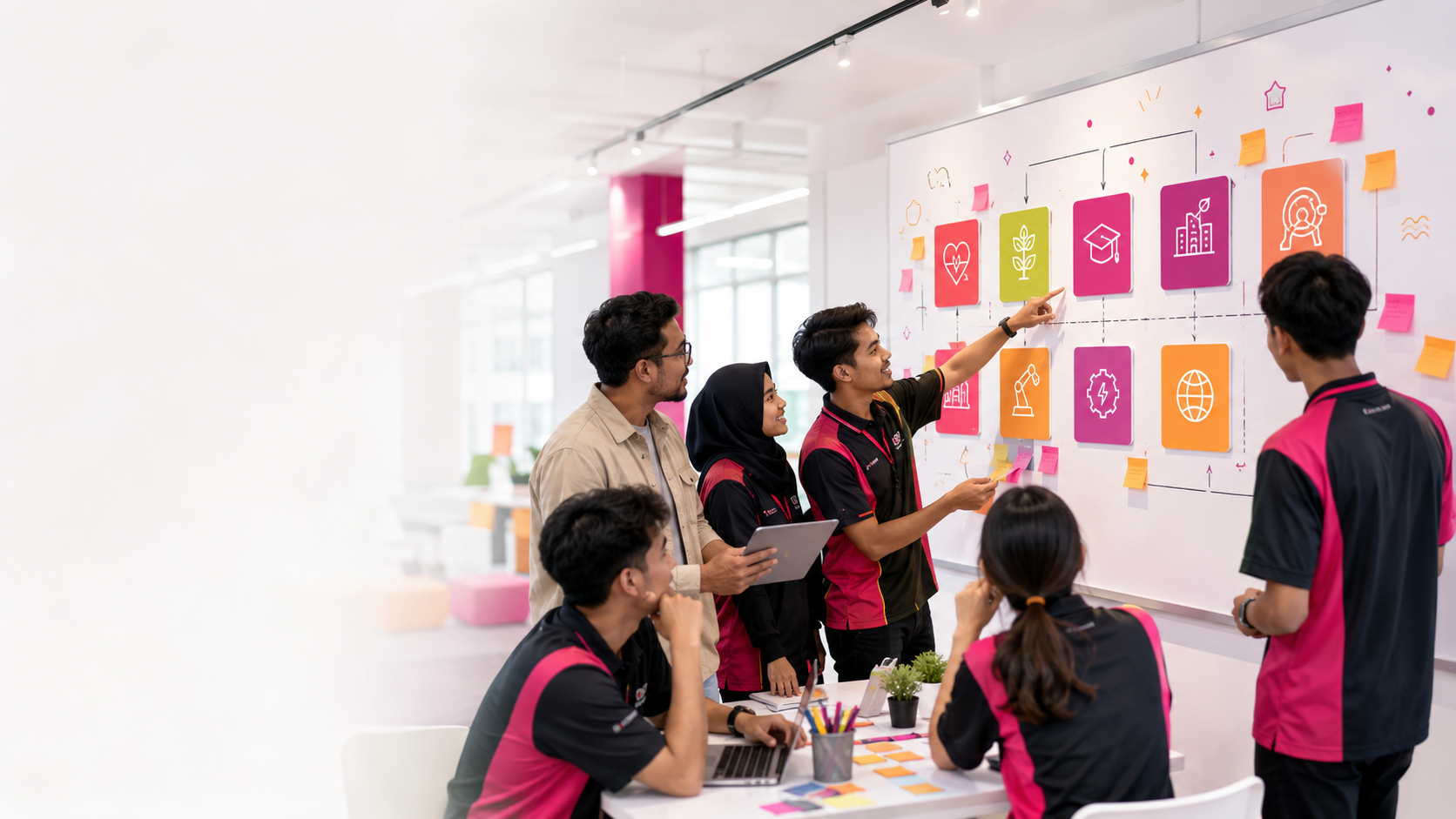 Pelajar dan mentor memetakan bidang penyelesaian inovasi di dinding idea